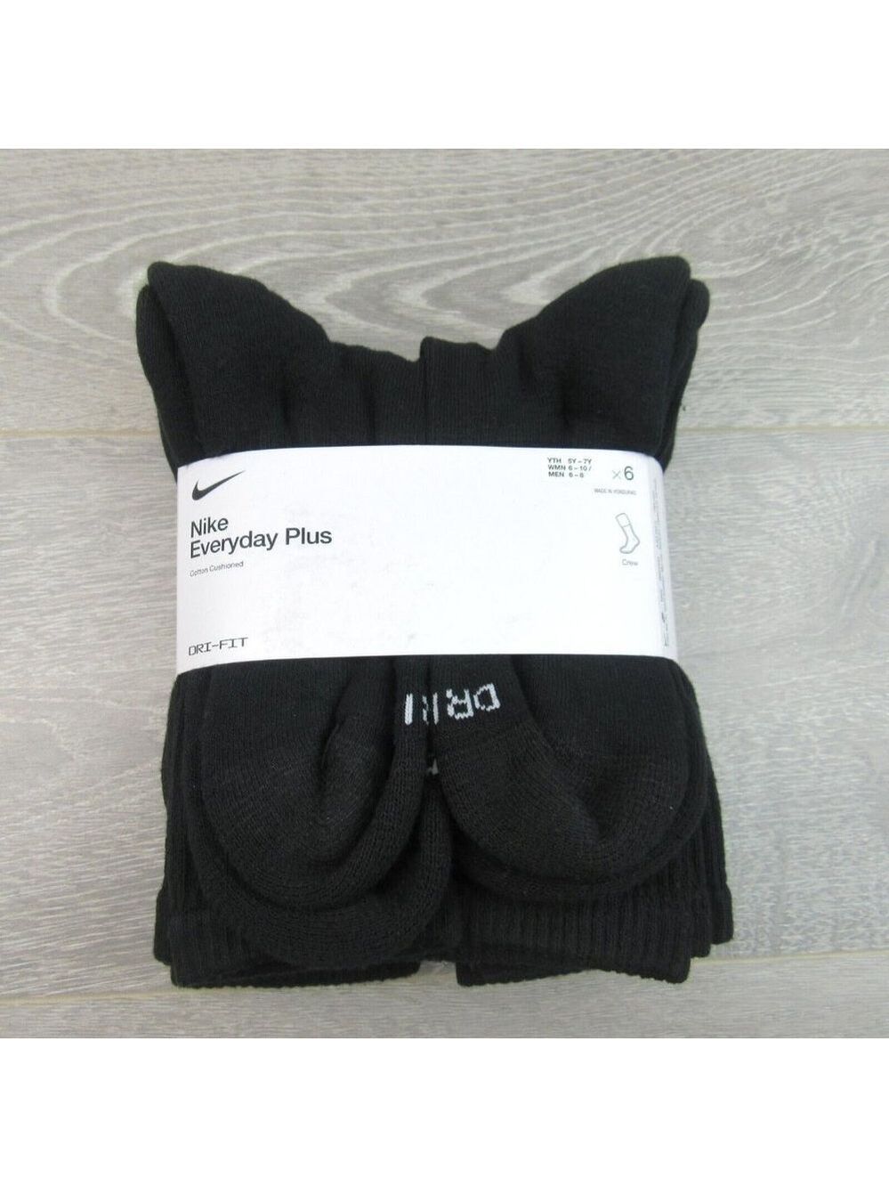Nike Everyday Plus Dri-Fit Crew Socks Black 6 Pack Womens 6-10 / Youth 5Y-7Y NEW - Picture 5 of 8